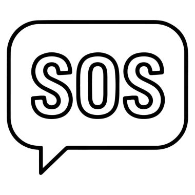 Acil yardım çağrısını temsil eden SOS harflerini içeren basit bir konuşma baloncuğunun siyah beyaz simgesi..