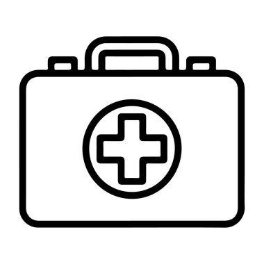 Çemberin içinde belirgin bir kırmızı haç sembolü olan bir ilk yardım çantasının minimalist siyah beyaz çizimi..