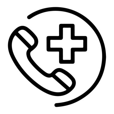 Acil tıbbi yardım çağrısını temsil eden, dairesel bir hat içinde bir telefon ve sağlık haçı barındıran minimalist siyah-beyaz bir simge..