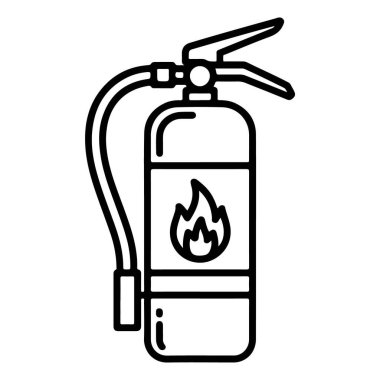 Bir yangın söndürücünün basit, siyah beyaz çizgili çizimi. Silindirde hortum, tutacağı ve alev sembolü var..