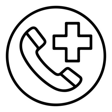 Basit bir çizgi resim simgesi, acil tıbbi hizmetleri temsil eden bir daire içinde artı işaretinin yanında bir telefon ahizesi tasvir ediyor..