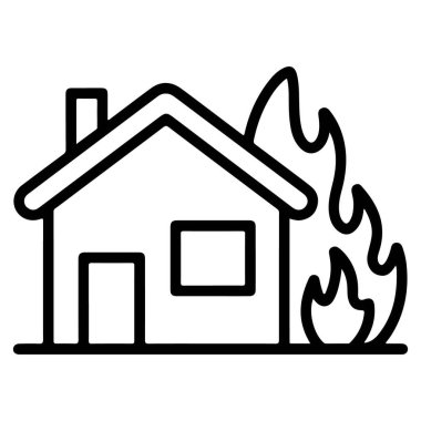 Bir tarafı alevler içinde yanan bir evi tasvir eden bir minimalist çizgi sanat ikonu, yangın acil durumunu sembolize ediyor..