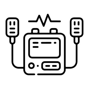 Üzerinde iki elektrot pedi ve bir kalp ritmi çizgisi olan bir defibrilatör tasvir eden siyah beyaz çizgi sanat simgesi.