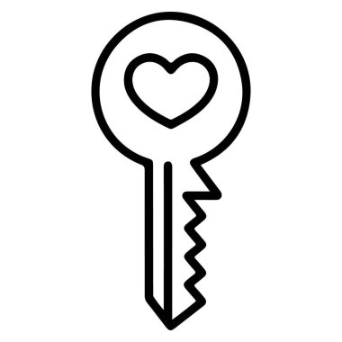 Üzerinde kalp şekli olan bir anahtarın basit bir siyah beyaz çizgisi. Aşkı ya da özel bir şeye erişimi temsil ediyor..