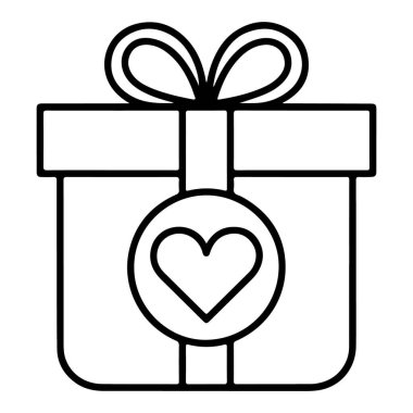 Minimalist siyah beyaz çizgi bir hediye kutusunun kurdeleyle bağlanmış ve içinde kalp amblemi olan çizimi..