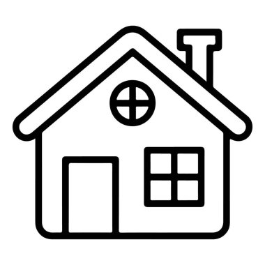 Kapısı, penceresi, yuvarlak tavan arası penceresi ve bacası olan bir evin minimalist siyah beyaz çizimi..