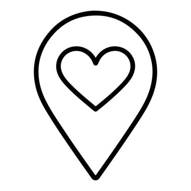 El çizimi, içinde kalp olan bir harita iğnesinin siyah beyaz çizimi. Favori veya önemli bir konumu temsil eder.