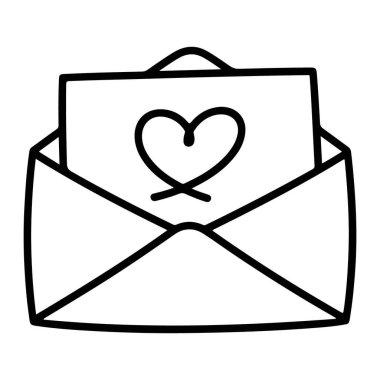 Üzerinde elle çizilmiş bir kalp olan bir kartı gösteren açık bir zarfın basit siyah beyaz karalaması..