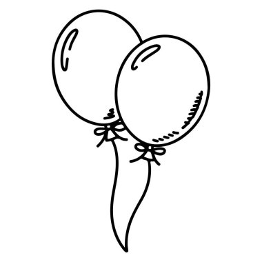 İp ve yaylarla birbirine bağlı iki yuvarlak balonun minimalist siyah ve beyaz çizimi.