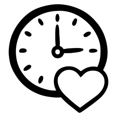 Yanında kalp sembolü olan bir saat yüzlü el yapımı siyah beyaz bir ikon. Aşkı ve zamanı temsil eder..