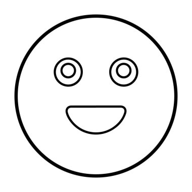 Geniş açık gözleri ve geniş, mutlu bir gülümsemesi olan klasik bir gülen yüz emojisinin siyah beyaz çizimi..