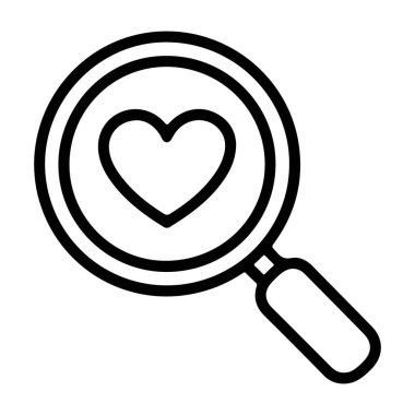 Bir kalp sembolü üzerine odaklanmış bir büyüteçin basit bir çizgisi sanat tasviri, aşkı veya ilgiyi temsil ediyor..