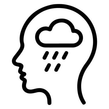Kafasının içine yağmur ve fırtına bulutu düşen bir insan profilini tasvir eden basit bir çizgi sanat simgesi.