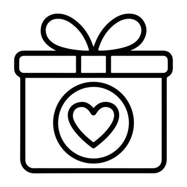 Önünde bir yay ve kalp sembolü olan bir hediye kutusunun minimalist siyah beyaz çizgisi..