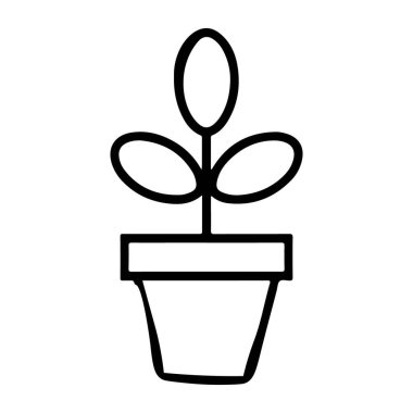 Tencerede büyüyen üç yapraklı küçük bir bitkinin minimalist siyah beyaz çizgisi..