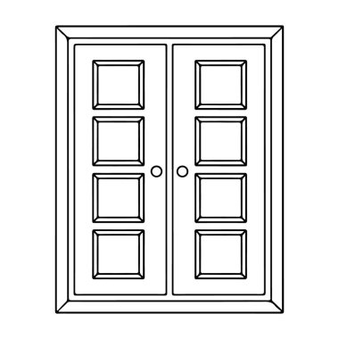 Her kapıda sekiz kare panel olan simetrik bir tasarım içeren klasik çift kapılı siyah beyaz bir çizgi..
