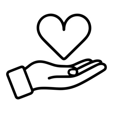 Üzerinde kalp şeklini tutan açık bir elin basit bir siyah beyaz çizgisi..
