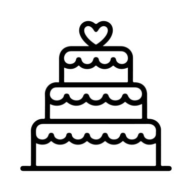 Üç katlı bir pastanın minimalist çizimi, üstünde bir kalp, kutlamalar ve etkinlikler için mükemmel..