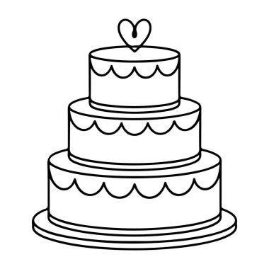 Üzerinde kalp olan üç katmanlı bir pastanın siyah beyaz çizgisi. Kutlamalar için mükemmel..