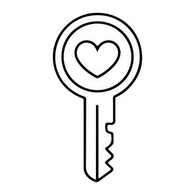 Bir anahtarın minimalist çizimi. Anahtarın yayında çember içinde bir kalp şekli var..