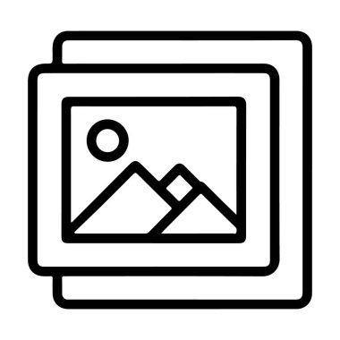 Bir minimalist çizgi sanat ikonu, biri dağlı ve güneşli bir manzarayı gösteren, çerçevelenmiş iki resim yığını tasvir ediyor..