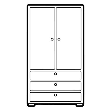 İki kapısı ve üç çekmecesi olan uzun bir gardırobun minimalist çizgisi..