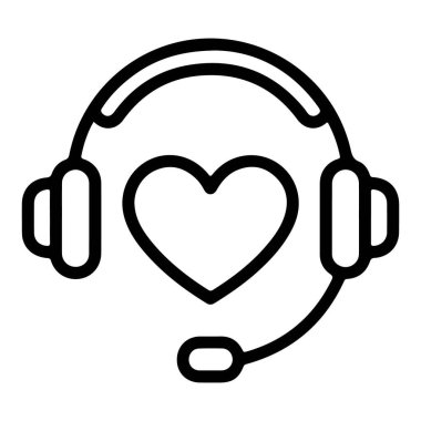 Kalp sembollü kulaklıklar içeren, şefkatli iletişim ve destek hizmetlerini temsil eden bir minimalist çizgi sanat ikonu..