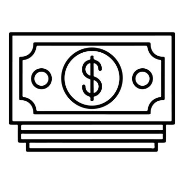 Merkezinde dolar işareti olan bir yığın Amerikan dolarının minimalist siyah beyaz çizimi..