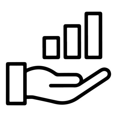 Artan büyümeyi gösteren çizelgeyi destekleyen açık bir elin basit bir siyah beyaz çizimi.