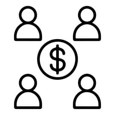 Merkezi bir madeni para sembolü etrafında daire içine dizilmiş dört stilize insan figürünü tasvir eden basit bir çizgi sanat ikonu.