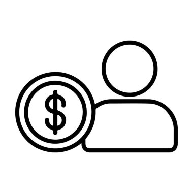 Bir dolar işareti olan bir madeni paranın yanında bir kişiyi tasvir eden basit bir taslak simgesi, gelir veya tasarruf gibi finansal kavramları temsil eden.