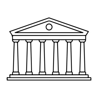 Belirgin bir pedikürden ve altı sütundan oluşan neoklasik bir binanın basit siyah beyaz çizimi.