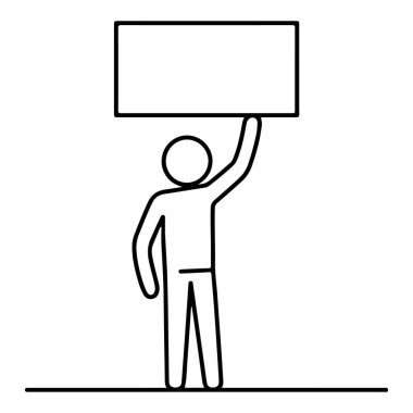 Kafalarının üstünde boş bir dikdörtgen tabela tutan bir çöp adamın basit bir çizgi çizimi, mesaj için hazır..