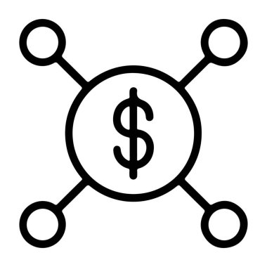 Çember içindeki merkezi dolar işaretinin basit bir çizgi çizimi, dört küçük çemberle bağlantılı..