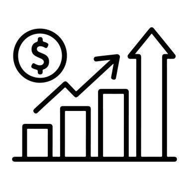 Basit bir çizgi, artan finansal büyümeyi gösteren bir çubuk grafik çizer, bir dolar işareti parasal değeri gösterir ve yukarı bakan bir ok.
