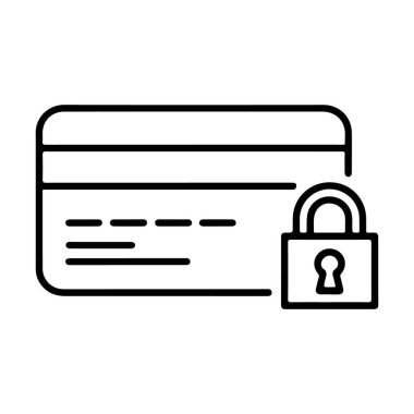 Kapalı bir asma kilidin yanında finansal güvenlik ve korumayı simgeleyen bir kredi kartı tasvir eden basit bir çizgi sanat simgesi.