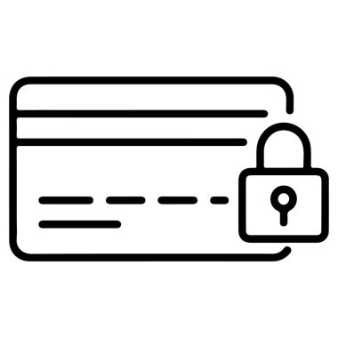 Finansal güvenlik ve korunmayı sembolize eden asma kilitli bir kredi kartı tasvir eden bir minimalist çizgi sanat ikonu.