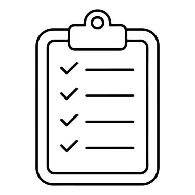 Tamamlanmış görevleri gösteren dört işaretli ve listeli bir panonun basit bir siyah beyaz çizgi çizimi.