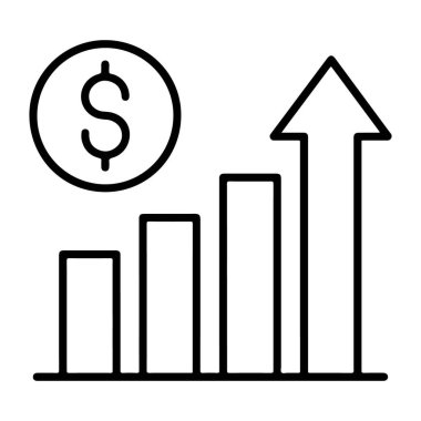 Artan finansal büyümeyi gösteren bir çubuk grafik tasvir eden bir minimalist çizgi sanat simgesi..