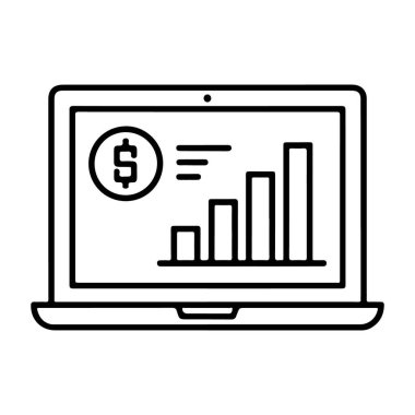Yükselen yükseklik ve dolar işareti simgesi olan bir çubuk grafiğini gösteren bir dizüstü bilgisayarın minimalist çizgisi çizimi.
