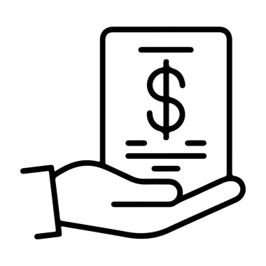 Akıllı telefonu tutan bir elin minimalist çizimi bir dolar işareti ile bir makbuzu gösteren, dijital işlemleri sembolize eden.
