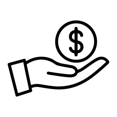 Bir dolar işaretli bozuk para tutan açık bir elin basit bir siyah beyaz çizimi..