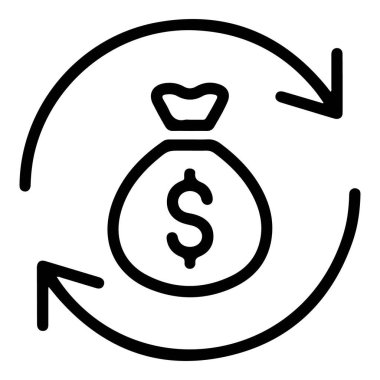 İçinde dolar işareti olan bir para çantasını gösteren basit bir çizgi sanat simgesi, bir döngüyü ya da değişimi gösteren iki dairesel okla çevrili..