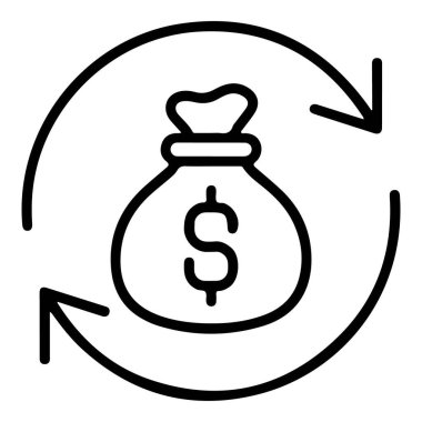 Bir dolar işaretli para çantasını gösteren basit bir çizgi sanat simgesi. Değişim veya dolaşımı gösteren dairesel bir okla çevrili..