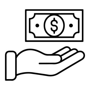 Açık bir eli tasvir eden bir minimalist çizgi sanat simgesi. Üzerinde dolar işareti olan bir banknot alıyor. Ödemeyi ya da bağışı simgeliyor..