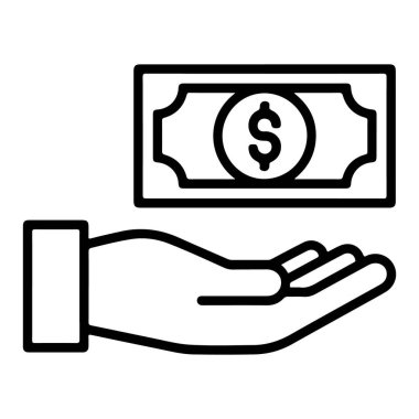 Açık bir eli tasvir eden basit bir çizgi sanat ikonu bir dolar işareti ile bir banknot alıyor, ödemeyi sembolize ediyor veya fon alıyor.