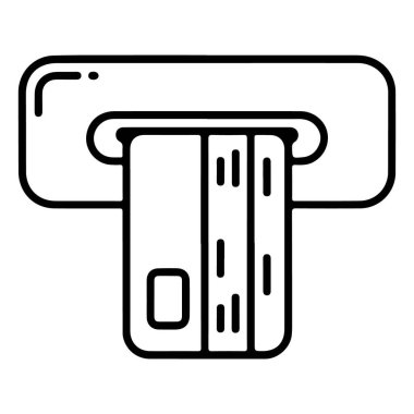 Bir ATM veya kart okuyucusuna eklenen bir kredi kartı simgesini gösteren basit bir satır çizimi simgesi.