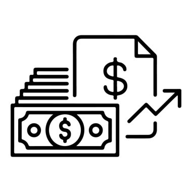 Bir yığın para, bir dolar banknot ve finansal büyüme ve yatırımı temsil eden yükselen bir trend grafiğini tasvir eden bir ikon..