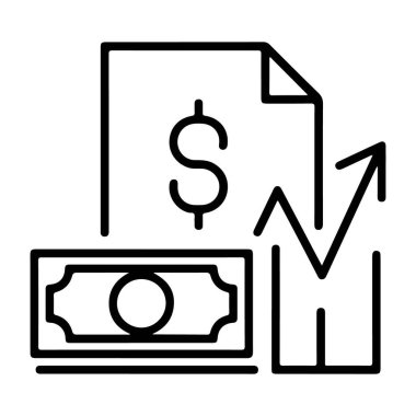 Dolar banknotlarını tasvir eden basit bir çizgi sanat simgesi, dolar işaretli bir belge ve yükselen bir grafik.