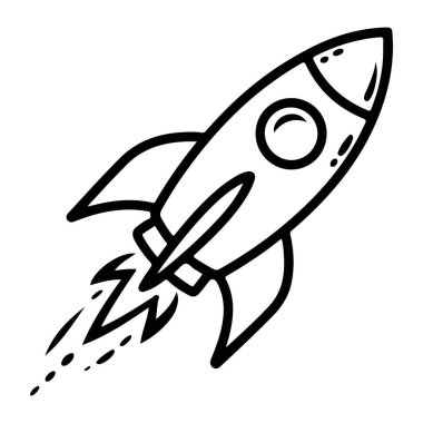 Basit, el çizimi bir roket gemisinin iticilerinden fışkıran alevlerle gökyüzüne yükselen.